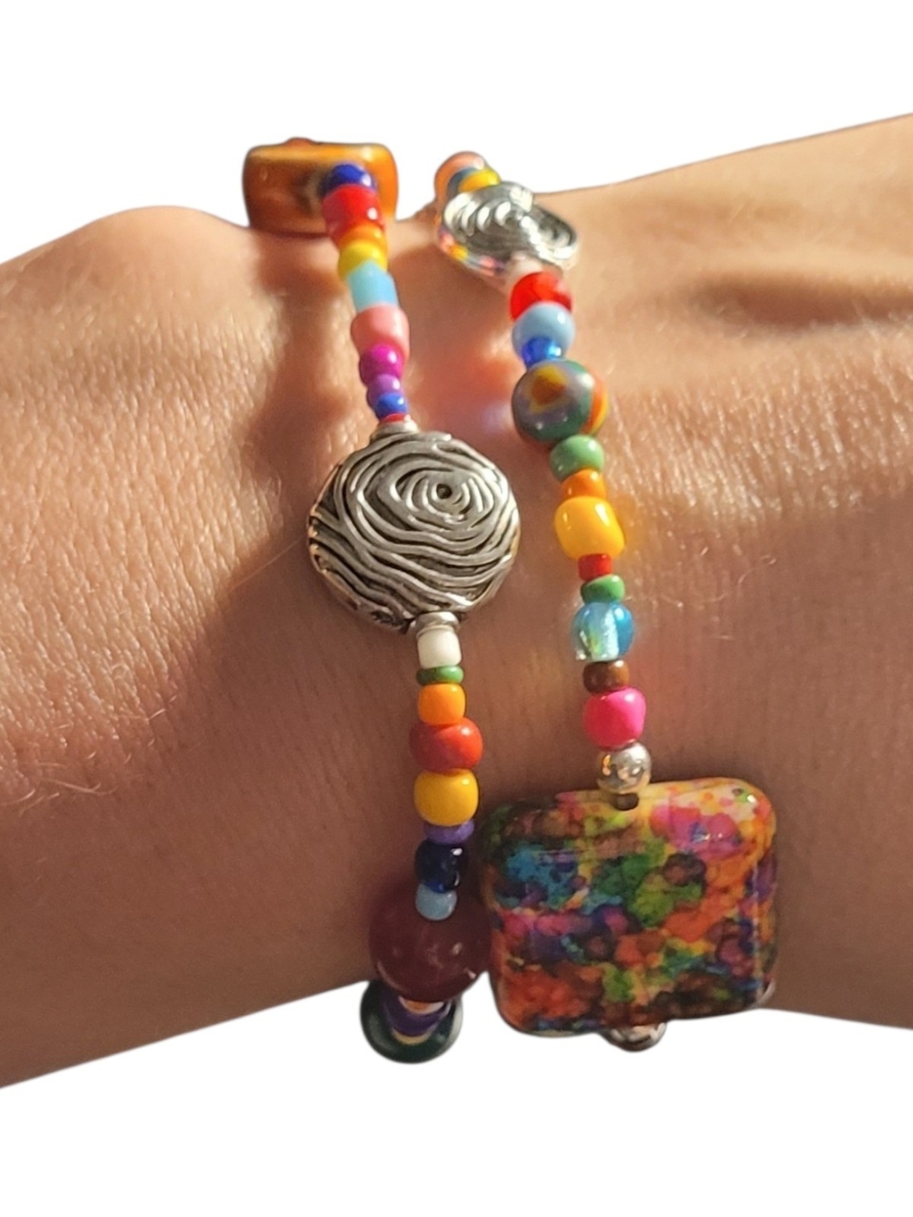Colorful Mixed-Media Beaded Stretch Bracelet Set - Vibrant Rainbow